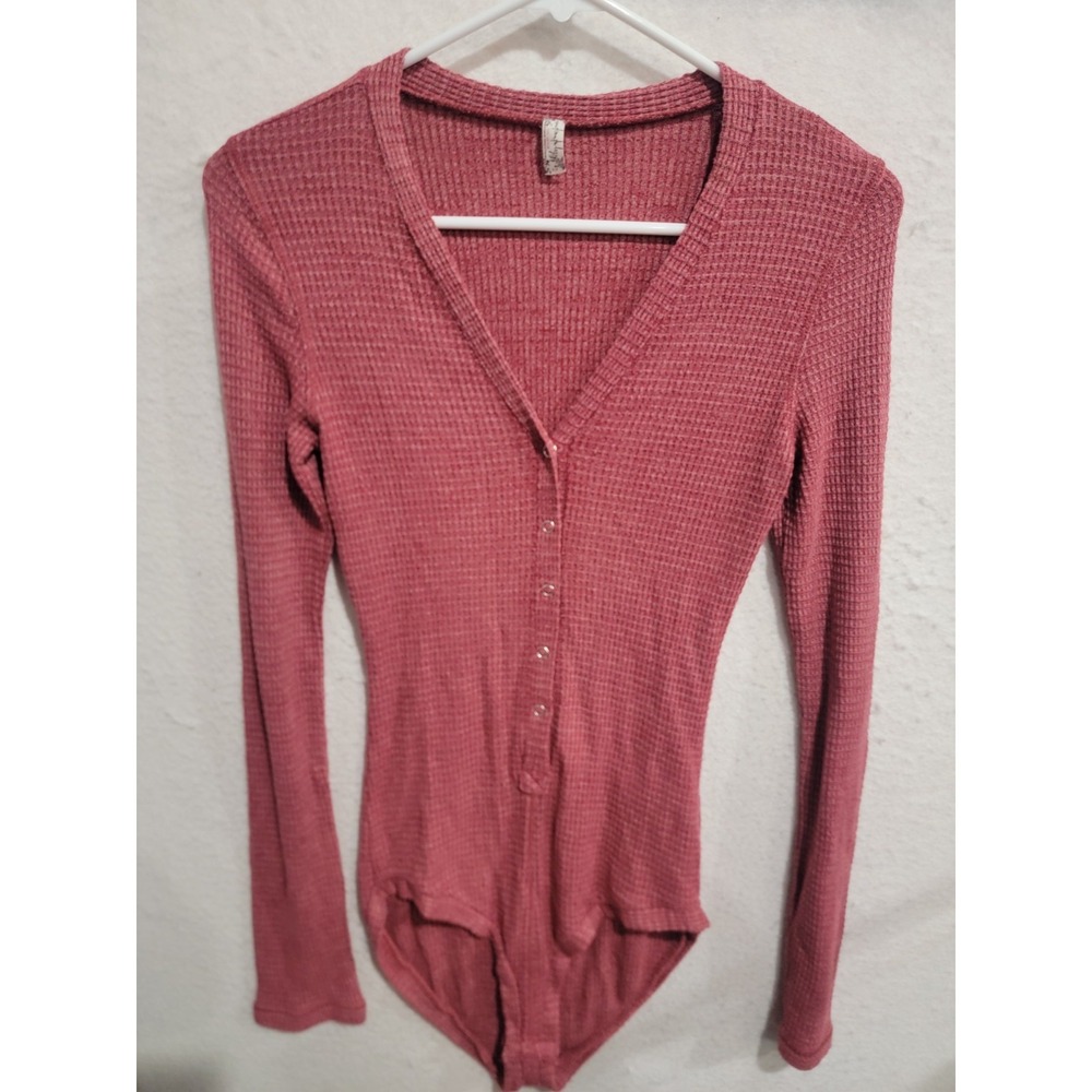 Free People Intimately Mauve Waffle‎ Knit Henley Bodysuit Small Thermal S